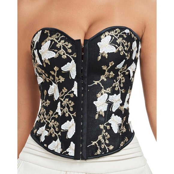 Women Black Floral  Lace Up Boned Overbust Corset Top Bustier Lingerie Bodysuit - Picture 2 of 6